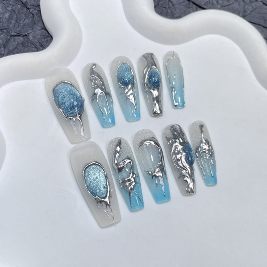 Cat's Eye Sapphire Cubic Metallic Gradient Handmade Press On Nails