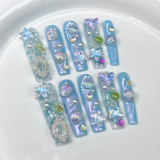 Blue Fantasy Ocean Style Cute Fresh Long Handmade Press On Nails