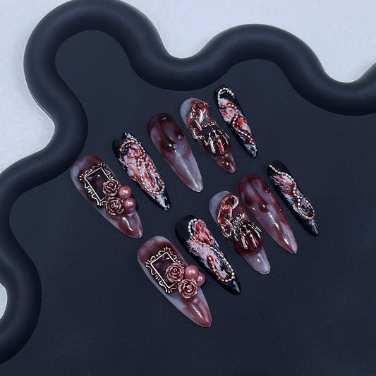 Diablo Style Bloodstained Rose Handmade Press On Nails